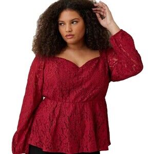 Torrid Peplum Red Winetasting Lace Puff Long Sleeve Top Size 6X NWT New Babydoll